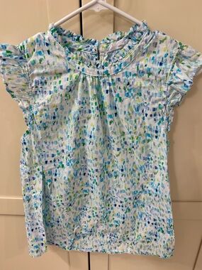 THML Blue & Green Brushstroke Ruffle Cap Sleeve Blouse